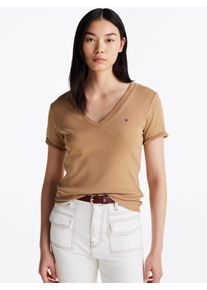 Tommy Hilfiger Damen T-Shirt "CODY, Slim Fit", beige, casual, Gr. S, unifarben, Jersey, Obermaterial: 100% Baumwolle, Shirts, mit V-Ausschnitt