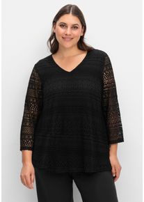sheego Große Größen 3/4-Arm-Shirt aus elastischer Spitze, gefüttert, schwarz, Größe 44/46 - Damen