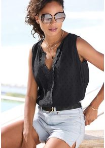 Lascana Crepebluse schwarz Gr. 34 für Damen. Rundhals und Spitzenband. Figurumspielend