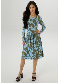 Damen Jerseykleidoliv hellblau, feminin, Gr. 42, Aniston SELECTED, geblümt, bedruckt, Single Jersey, Obermaterial: 95% Viskose, 5% Elasthan, Kleider,
