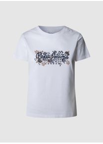 Pepe Jeans Damen T-Shirt "ROSALIND"weiß 808, casual, Gr. XS, bedruckt, Single Jersey, Obermaterial: 100% Baumwolle, Shirts, mit floralem Print vorn
