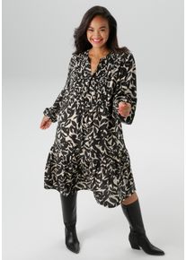 ANISTON PLUS Damen Tunikakleid, schwarz, modisch, Gr. 48, gemustert, Web, Obermaterial: 100% Viskose, Kleider, mit graphischem Blätterdruck - NEUE