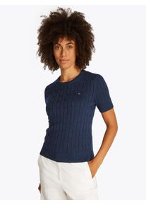 Tommy Hilfiger Damen Kurzarmpullover "1985 CO MINI CABLE C-NK SS SWT", blau, casual, Gr. XS, unifarben, Strick, Obermaterial: 100% Baumwolle,