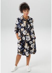 ANISTON PLUS Damen Blusenkleidmarine, sanftes weiß, blau, apricot, modisch, Gr. 50, geblümt, bedruckt, Web, Obermaterial: 100% Viskose, Kleider, mit