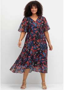sheego Große Größen Chiffonkleid mit Blumendruck und Volant am Saum, marine-gemustert, Größe 42 - Damen