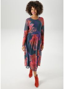 Aniston CASUAL Damen Midikleidpetrol, rot, orange, lila, rosa, flieder, zimt, gelb, braun, feminin, Gr. 36, Batikmuster, geblümt, Mesh, Obermaterial: