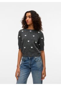 Véro Moda VERO MODA Damen Kurzarmpullover "VMDOFFY INTARSIA 2/4 O-NK PULLOV GA NOOS"dunkelgrau melange detail:with weiß hearts, modisch, Gr. XL, gemustert,