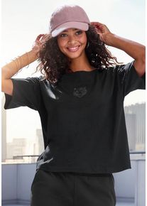 Buffalo T-Shirt schwarz Gr. 32/34 für Damen. Rundhals und Stickerei. Bequem. Nachhaltig.