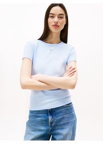 Tommy Jeans Damen T-Shirt "TJW SLIM ESSENTIAL RIB SS", blau, casual, Gr. L, unifarben, Rippware, Obermaterial: 95% Baumwolle, 5% Elasthan, Shirts,