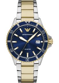 Emporio Armani Herren Quarzuhredelstahlfarben, goldfarben, dunkelblau, Armbanduhren, Armbanduhr, Herrenuhr, Edelstahlarmband, analog, Tag