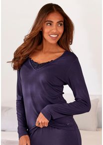 Lascana Damen Pyjamaoberteil, Gr. 32, blau, Single Jersey, Obermaterial: 95% Viskose, 5% Elasthan. Spitze: 90% Polyamid, 10% Elasthan, unifarben,