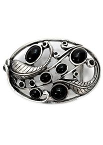 Damen Gürtelschnalle "Oval Blatt Schwarzer Stein", silber, modisch, RETTUNGSRING BY SHOWROOM 019, gemustert, Obermaterial: 100% Metall, Gürtel