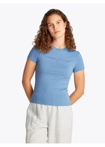 Tommy Jeans Damen T-Shirt "TJW SLIM TONAL LINEAR TEE EXT", blau, Basic, Gr. S, bedruckt, Single Jersey, Obermaterial: 100% Baumwolle, Shirts, mit