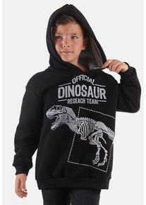 DENOKIDS Jungen Kapuzenpullover "Dino Research", schwarz, casual, Gr. 110, bedruckt, 53% Baumwolle;40% Polyester;4% Polyacryl;3% Viskose, Pullover,