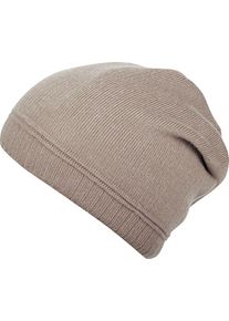 Damen Beanie, beige, modisch, Capelli New York, unifarben, Feinstrick, Strick, Materialmix, Mützen, mit Metall-Logo an der Krempe