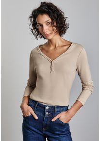 Street One Damen Langarmshirtcotton beige, casual, Gr. 46, unifarben, Web, Stoff, 48% Baumwolle, 48% Modal, 4% Elasthan, Shirts, mit V-Ausschnitt