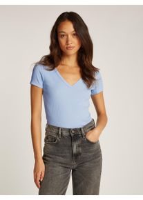 Tommy Jeans Damen T-Shirt "TJW SLIM ESSENTIAL RIB V SS", blau, casual, Gr. XS, unifarben, Rippware, Obermaterial: 95% Baumwolle, 5% Elasthan, Shirts,