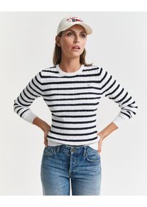 Gant Damen Rundhalspullover "STRETCH COTTON CABLE STRIPE C-NECK", weiß, casual, Gr. XS, Strick, Obermaterial: 88% Baumwolle, 10% Polyamid, 2%