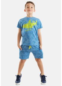 DENOKIDS Herren Hausanzug "Shark Sea", Gr. 140, blau, 100% Baumwolle, bedruckt, casual, Homewear-Sets, mit Allover-Tropenmuster-Print