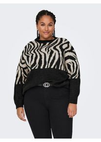 Only CARMAKOMA Damen Rundhalspullover "CARJADE ZEBRA L/S O-NECK KNT", schwarz, casual, Gr. L, colorblocking, animal-print, Strick, Feinstrick,