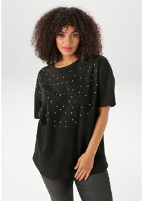 ANISTON PLUS Damen Kurzarmshirt, schwarz, modisch, Gr. 44, unifarben, angeraute Sweatware, Obermaterial: 80% Baumwolle, 20% Polyester, Shirts, mit