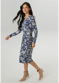 Damen Jerseykleidrauchblau, wollweiß, schwarz, feminin, Gr. 38, Aniston SELECTED, geblümt, gepunktet, gemustert, bedruckt, Jersey, Obermaterial: 95%