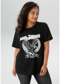 ANISTON PLUS Damen T-Shirt, schwarz, modisch, Gr. 44, unifarben, bedruckt, Single Jersey, Obermaterial: 95% Baumwolle, 5% Elasthan, Shirts, mit
