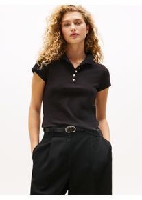 Tommy Hilfiger Damen Poloshirt "GOLD BUTTON SLIM SS POLO", schwarz, casual, Gr. M, unifarben, Single Jersey, Obermaterial: 96% Baumwolle, 4%