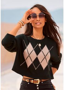 Buffalo Damen Rhombenpullover, braun, modisch, Gr. 36, unifarben mit Farbeinsatz, Strick, Obermaterial: 100% Polyacryl, Pullover