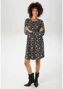 Aniston CASUAL Damen Jerseykleid, schwarz, feminin, Gr. 48, Jacquardmuster, geblümt, Jersey, Obermaterial: 52% Polyester, 25% Viskose, 20% Baumwolle,