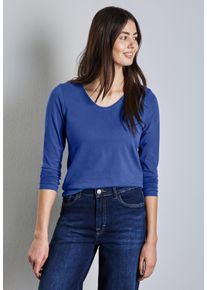 Street One Damen Langarmshirt, blau, casual, Gr. 44, unifarben, Web, 100% Baumwolle, Shirts, mit abgerundetem V-Ausschnitt