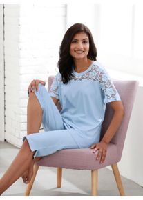 Damen Schlafanzug, Gr. 44, blau, 100% Baumwolle, Spitze:80% Baumwolle, 20% Polyamid, Homewear-Sets