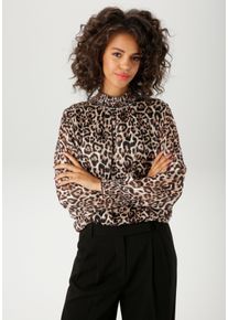Aniston CASUAL Damen Chiffonblusesand, schwarz, braun, beige, goldfarben, modisch, Gr. 40, animal-print, Glitzerstreifen, Chiffon, Web, Obermaterial: