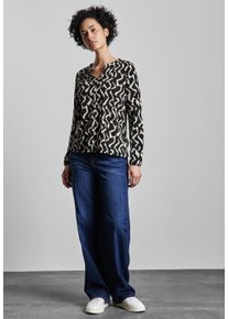 Street One Damen Langarmshirt, schwarz, casual, Gr. 36, bedruckt, Web, Stoff, 50% Baumwolle, 50% Modal , Shirts, mit geschlitztem Rundhalsausschnitt