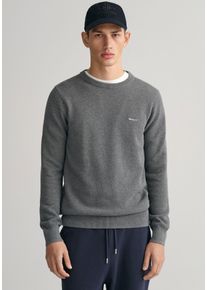 Gant Herren Rundhalspullover "COTTON PIQUE C-NECK", grau, casual, Gr. L, meliert, Strick, Obermaterial: 100% Baumwolle, Pullover, mit Logostickerei
