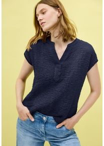 Cecil Damen Kurzarmbluse, blau, casual, Gr. XL, unifarben, Web, Obermaterial: 99% Baumwolle, 1% Elasthan, Blusen, mit Slitneck