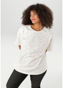 ANISTON PLUS Damen Kurzarmshirt, weiß, modisch, Gr. 54, unifarben, angeraute Sweatware, Obermaterial: 80% Baumwolle, 20% Polyester, Shirts, mit