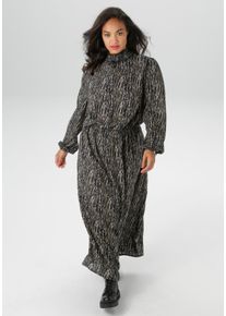 ANISTON PLUS Damen Druckkleid, schwarz, modisch, Gr. 52, gemustert, Web, Obermaterial: 100% Viskose, Kleider, mit gesmoktem Stehtkragen - NEUE