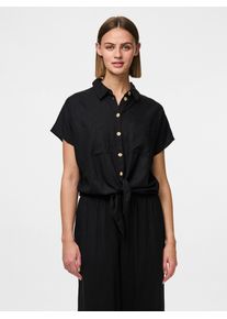 Pieces Damen Kurzarmbluse "PCPIA SS TIE SHIRT WVN NOOS", schwarz, modisch, Gr. XL, unifarben, Web, Obermaterial: 70% Viskose, 30% Leinen, Blusen, mit