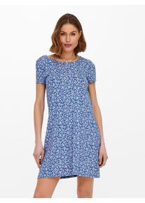 Only Damen Minikleid "ONLBERA BACK LACE UP S/S DRESS JRS NOOS", blau, casual, Gr. XS, geblümt, Jersey, Obermaterial: 95% Viskose, 5% Elasthan, Kleider
