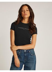 Tommy Jeans Damen T-Shirt "TJW SLIM LINEAR TEE EXT", schwarz, Basic, Gr. M, unifarben, Jersey, Obermaterial: 100% Baumwolle, Shirts, mit