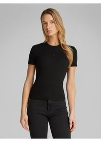 Damen T-Shirt "WOVEN LABEL RIB FITTED TEE", schwarz, casual, Gr. XL, Calvin Klein Jeans, unifarben, Rippware, Obermaterial: 94% Baumwolle, 6%