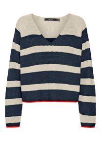 Véro Moda VERO MODA Damen V-Ausschnitt-Pullover "VMFABULOUS LS V-NECK SHORT PULLOVER BOO", blau, modisch, Gr. XS, gestreift, Strick, Rippstrick, Obermaterial: