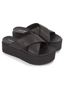 Damen Pantolette "FLATFORM CROSS MG UC", Calvin Klein Jeans, Gr. 39, schwarz, Leder, modisch, Schuhe, Plateau, Sommerschuh, Schlappen mit Kreuzbandage
