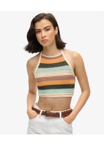 Superdry Damen Creme, Blau und Orange Kurzes H&auml;keloberteil mit Nackentr&auml;ger Farbblock, Gr&ouml;&szlig;e: 36 2103027000379C9K030