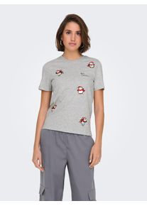 Only Damen Kurzarmshirt "ONLKITA LIFE REG S/S TOP BOX XMAS JRS", grau, modisch, Gr. M, bedruckt, Jersey, Obermaterial: 100% Baumwolle, Shirts