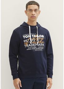 Tom Tailor Herren Kapuzensweatshirt, blau, casual, Gr. L, Sweatware, Obermaterial: 100% Baumwolle, Sweatshirts, mit lässigem Frontprint + Stickerei