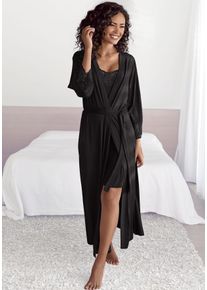 Lascana Damen Kimono, Gr. 36, schwarz, Single-Jersey, unifarben, Hausmäntel, mit edlen Spitzendetails