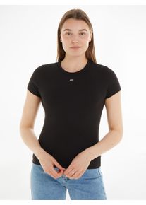 Tommy Jeans Damen T-Shirt "TJW SLIM ESSENTIAL RIB SS", schwarz, casual, Gr. S, unifarben, Rippware, Obermaterial: 95% Baumwolle, 5% Elasthan, Shirts,