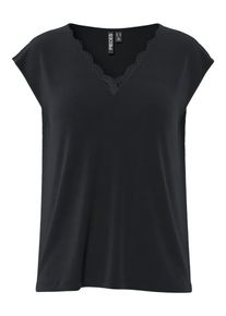 Pieces Damen Kurzarmshirt "PCKAMALA LACE V-NECK TEE JRS NOOS BC", schwarz, modisch, Gr. L, unifarben, Jersey, Obermaterial: 73% Modal, 27% Polyester,